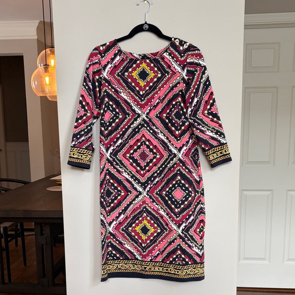 Talbots Pink and Black Geometric Long Sleeve Dress‎